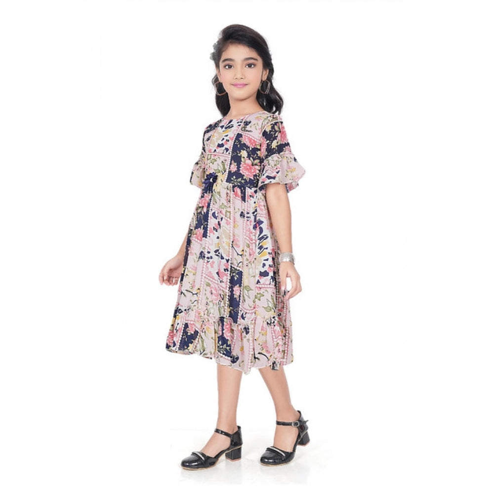 Generic Girl's Shiffon Printed Half Sleeve Round Neck Dress (Peach)