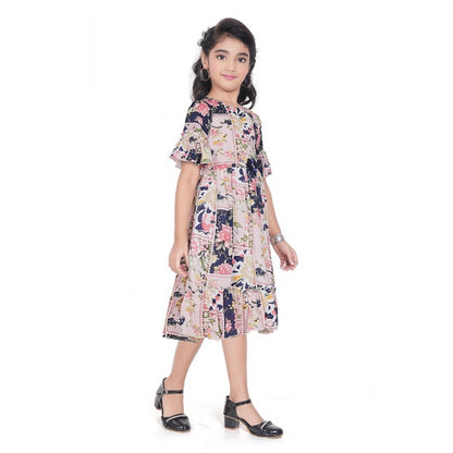 Generic Girl's Shiffon Printed Half Sleeve Round Neck Dress (Peach)