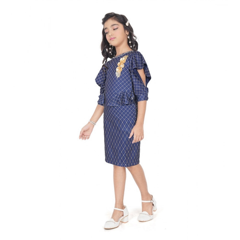Generic Girl's Knitted Striped Short Sleeve Round Neck Dress (Navy Blue)