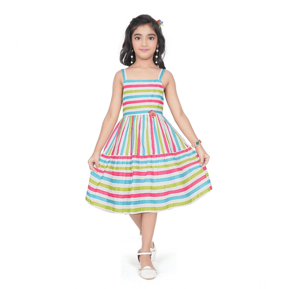 Generic Girl's Cotton Striped Sleeve Less Squre Neck Dress (Multicolor)