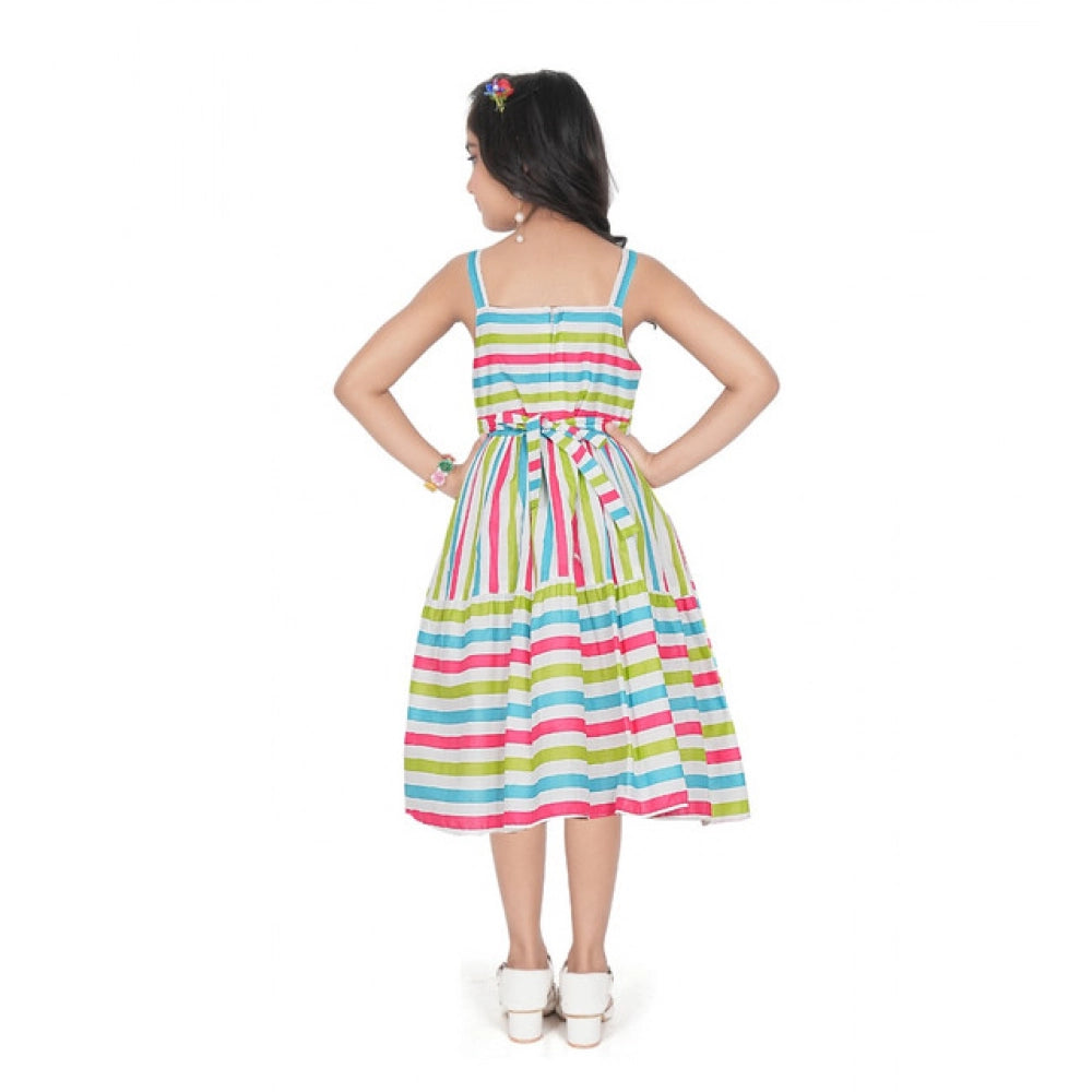 Generic Girl's Cotton Striped Sleeve Less Squre Neck Dress (Multicolor)