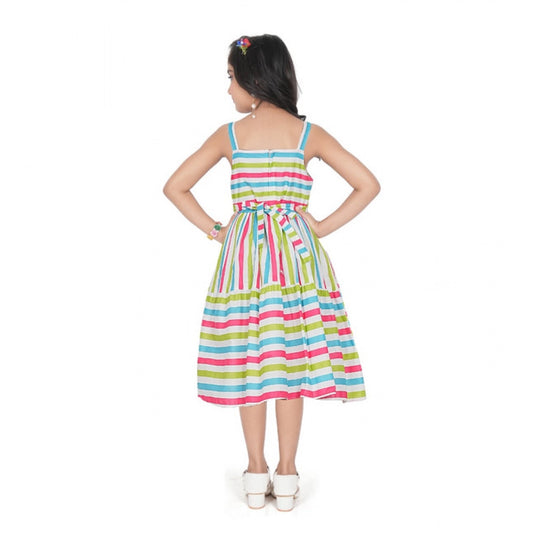 Generic Girl's Cotton Striped Sleeve Less Squre Neck Dress (Multicolor)