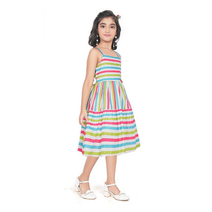 Generic Girl's Cotton Striped Sleeve Less Squre Neck Dress (Multicolor)