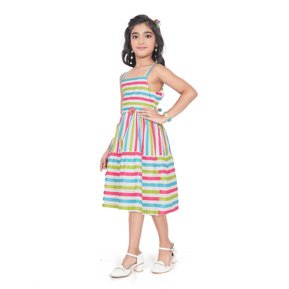 Generic Girl's Cotton Striped Sleeve Less Squre Neck Dress (Multicolor)