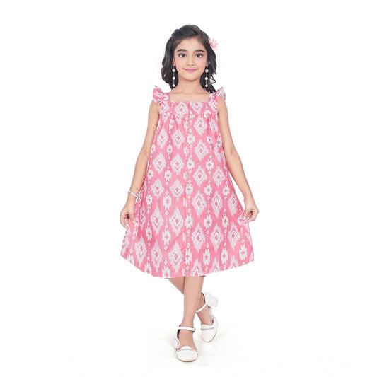 Generic Girl's Cotton Printed Sleeve Less Squre Neck Dress (Pink)