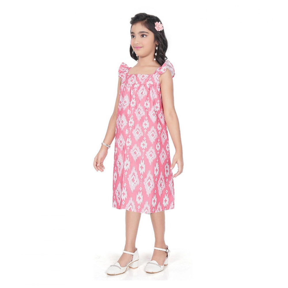 Generic Girl's Cotton Printed Sleeve Less Squre Neck Dress (Pink)