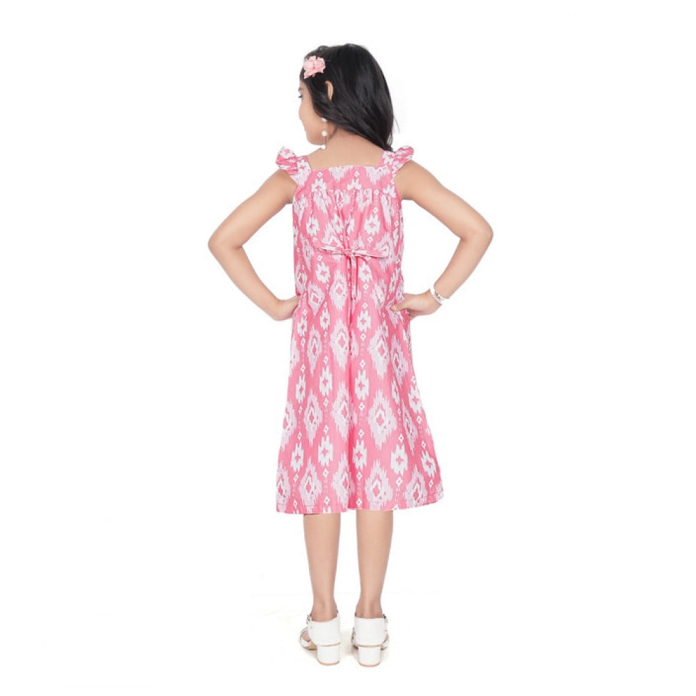 Generic Girl's Cotton Printed Sleeve Less Squre Neck Dress (Pink)