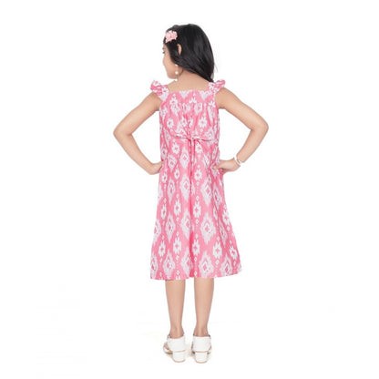 Generic Girl's Cotton Printed Sleeve Less Squre Neck Dress (Pink)