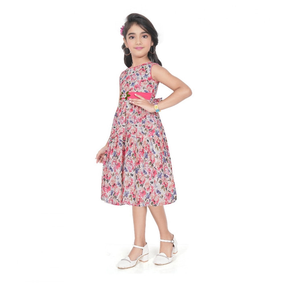 Generic Girl's Digital Chicken Printed Sleeve Less Round Neck Dress (Pink)