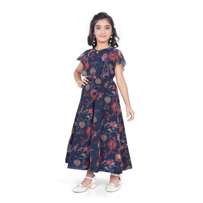 Generic Girl's Shiffon Printed Short Sleeve Round Neck Dress (Blue)