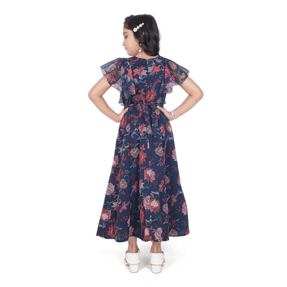 Generic Girl's Shiffon Printed Short Sleeve Round Neck Dress (Blue)