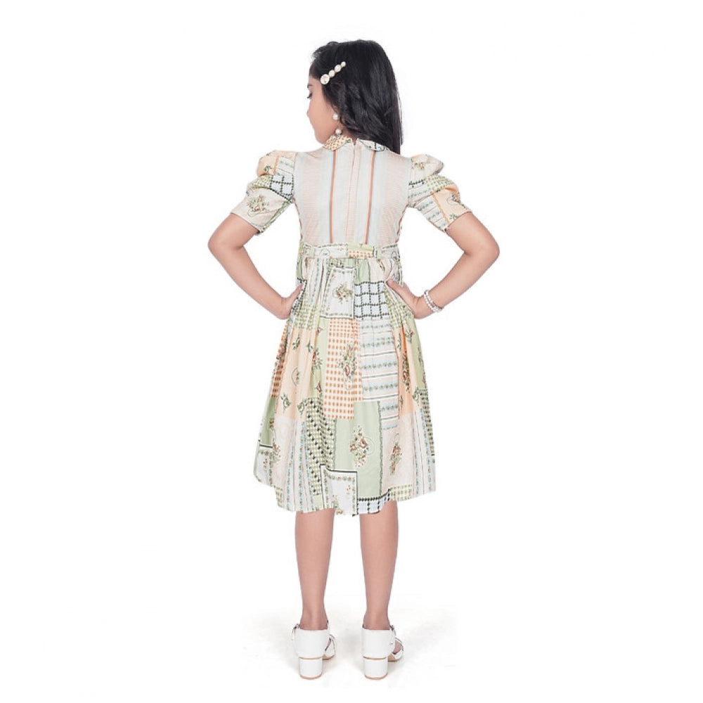 Generic Girl's Digital Knitted Printed Half Sleeve Close Neck Dress (Light Green)