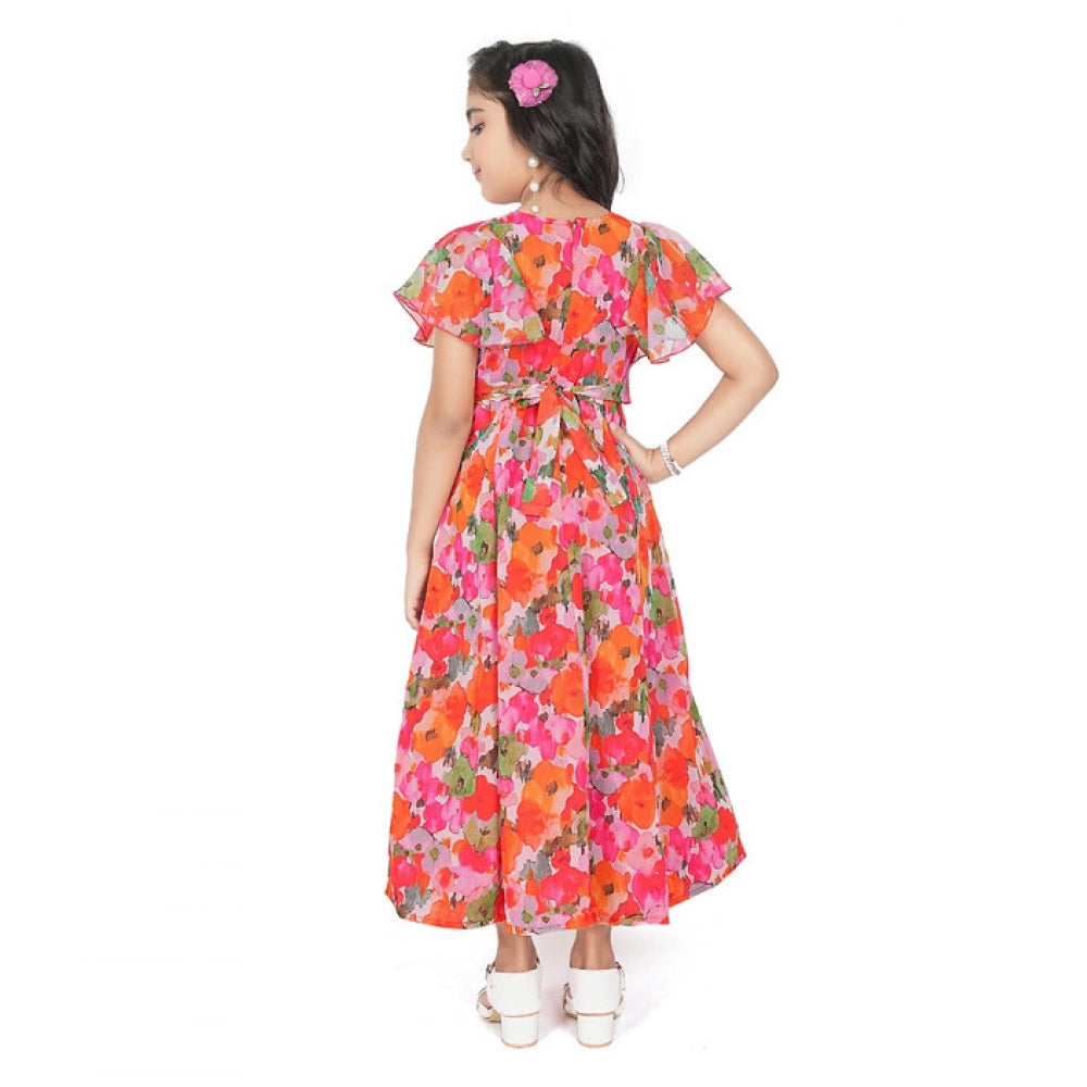 Generic Girl's Shiffon Printed Short Sleeve Round Neck Dress (Multicolor)