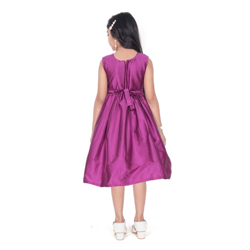 Generic Girl's Taffeta Silk Soild Sleeve Less Round Neck Dress (Purple)