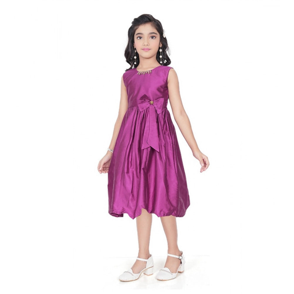 Generic Girl's Taffeta Silk Soild Sleeve Less Round Neck Dress (Purple)