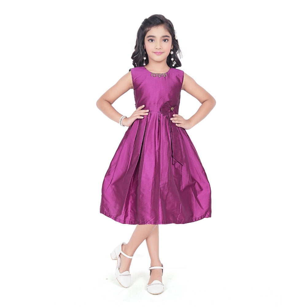 Generic Girl's Taffeta Silk Soild Sleeve Less Round Neck Dress (Purple)