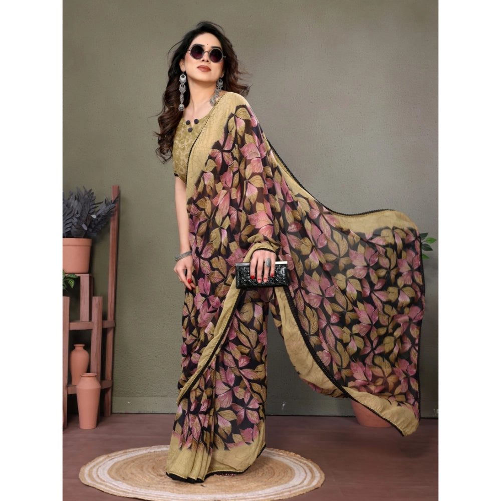Generic Women's Chiffon Printed Saree With Unstitched Blouse 5.5Mtr (Beige)