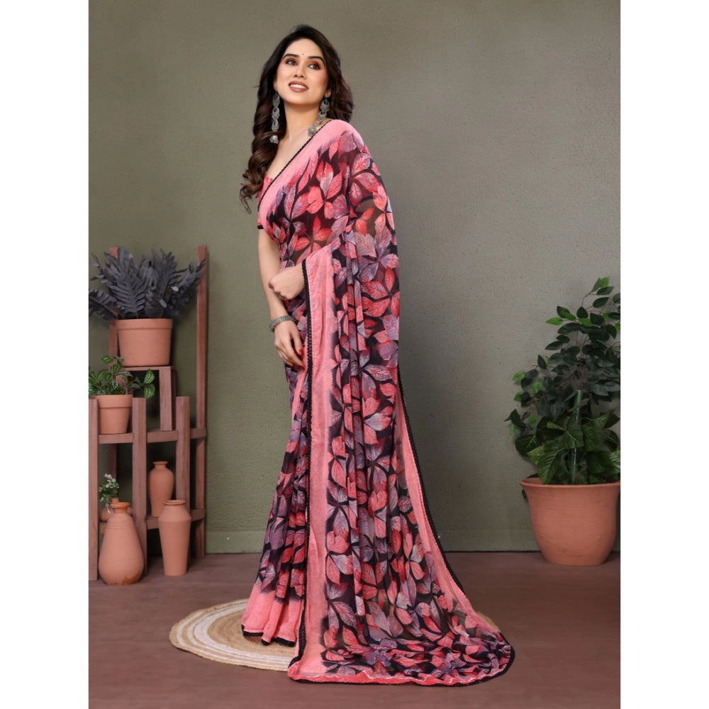 Generic Women's Chiffon Printed Saree With Unstitched Blouse 5.5Mtr (Pink)