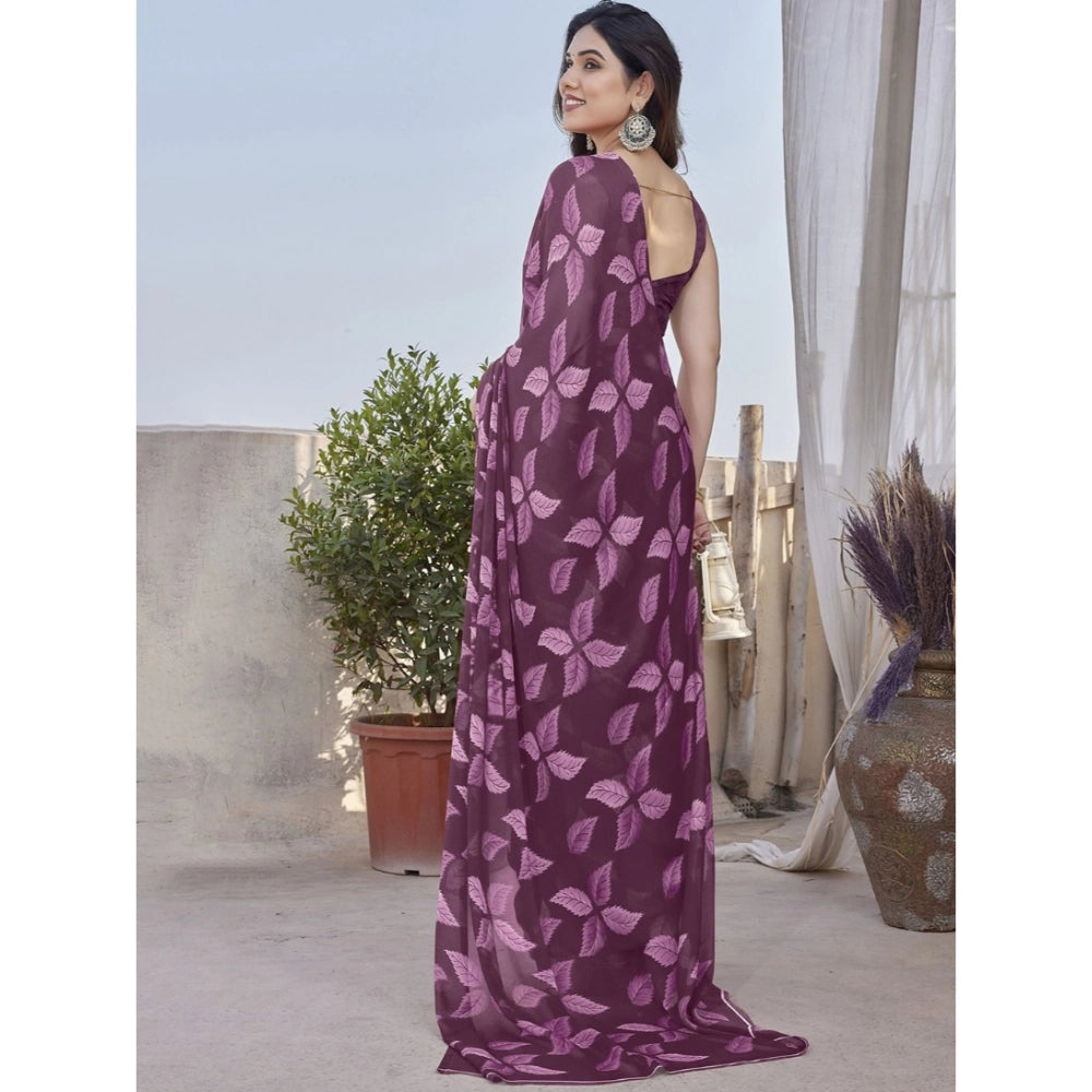 Generic Women's Chiffon Printed Saree With Unstitched Blouse 5.5Mtr (Purple)