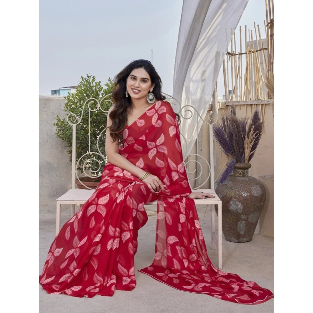 Generic Women's Chiffon Printed Saree With Unstitched Blouse 5.5Mtr (Red)