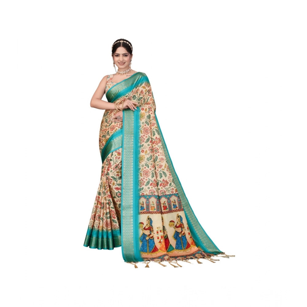 Generic Women's Cotton Silk  Printed Saree With Unstitched Blouse 5.5Mtr (Sky Blue)
