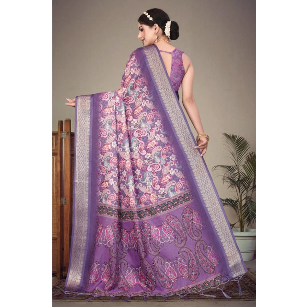 Generic Women's Cotton Silk  Printed Saree With Unstitched Blouse 5.5Mtr (Purple)