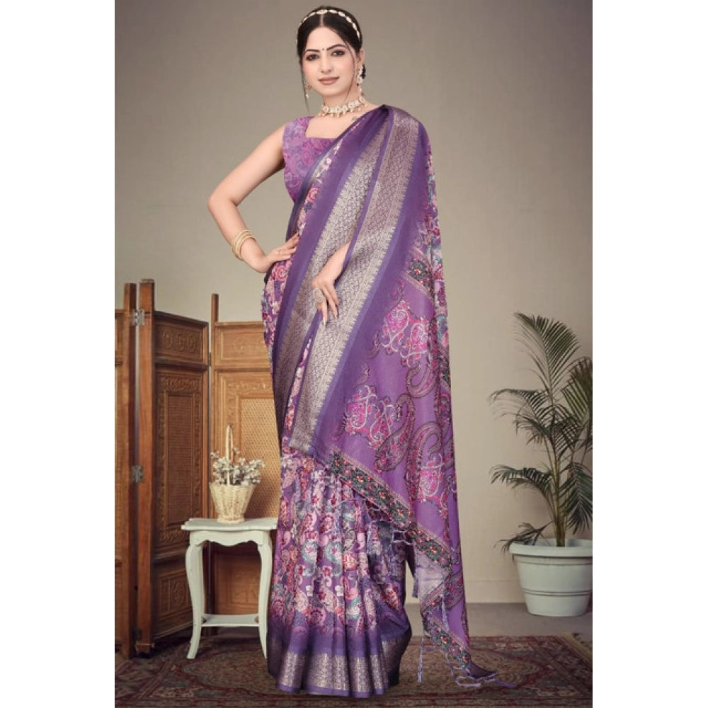 Generic Women's Cotton Silk  Printed Saree With Unstitched Blouse 5.5Mtr (Purple)