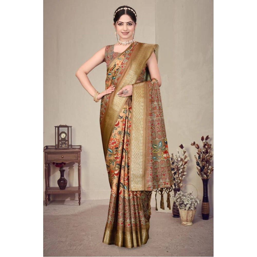 Generic Women's Cotton Silk  Printed Saree With Unstitched Blouse 5.5Mtr (Peach)