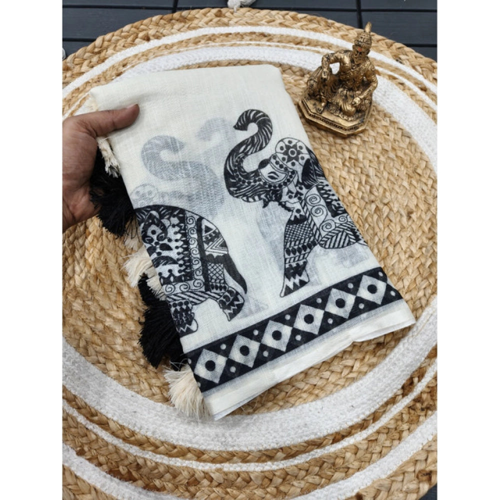 Generic Women's Linen Cotton Printed Saree With Unstitched Blouse 5.5Mtr (Cream &amp; Black)