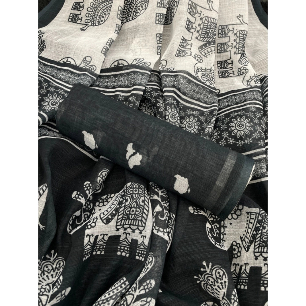 Generic Women's Linen Cotton Printed Saree With Unstitched Blouse 5.5Mtr (Black)