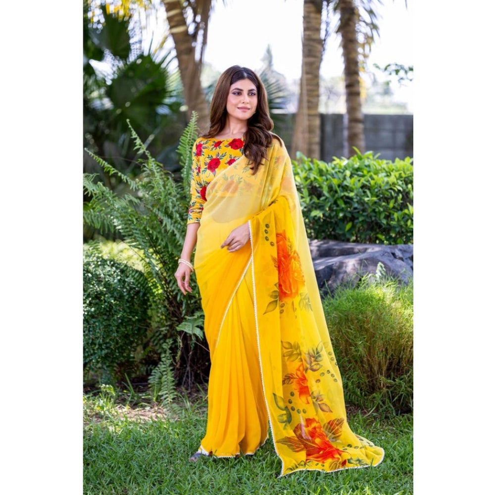 Generic Women's Georgette  Printed Saree With Unstitched Blouse 5.5Mtr (Yellow)