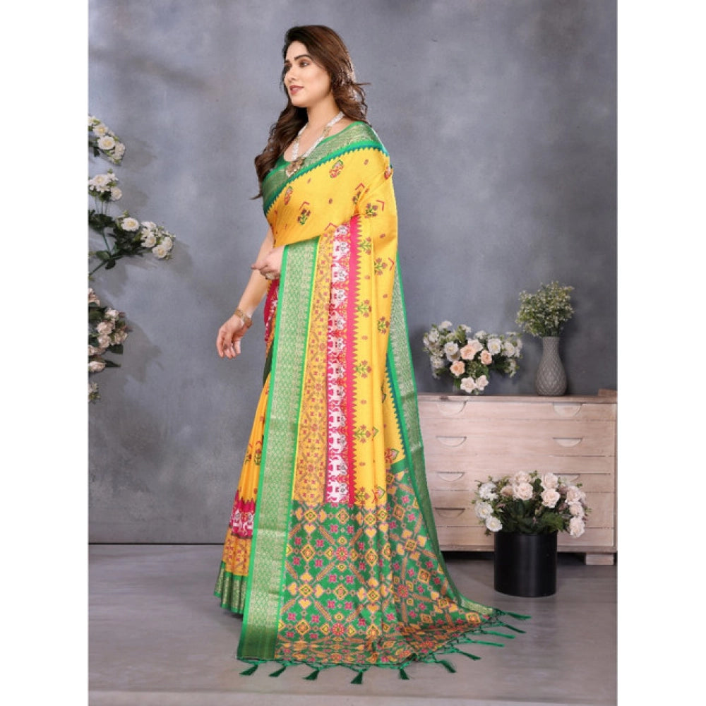 Generic Women's Cotton Silk  Printed Saree With Unstitched Blouse 5.5Mtr (Yellow)