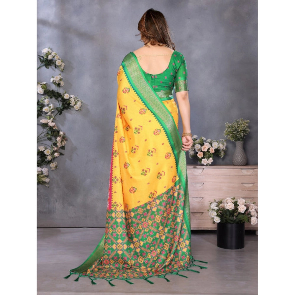 Generic Women's Cotton Silk  Printed Saree With Unstitched Blouse 5.5Mtr (Yellow)