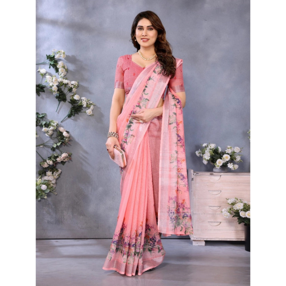 Generic Women's Linen Cotton  Printed Saree With Unstitched Blouse 5.5Mtr (Peach)