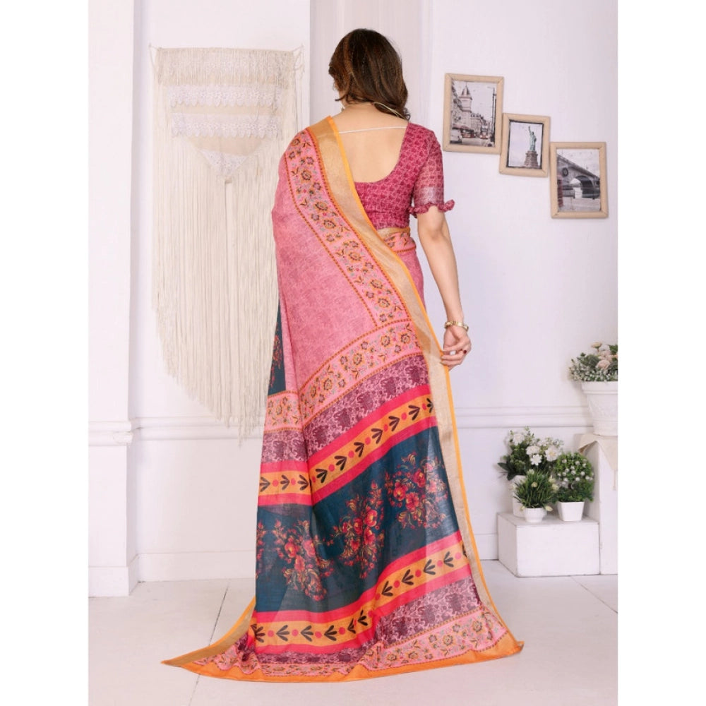 Generic Women's Linen Cotton  Printed Saree With Unstitched Blouse 5.5Mtr (Pink)