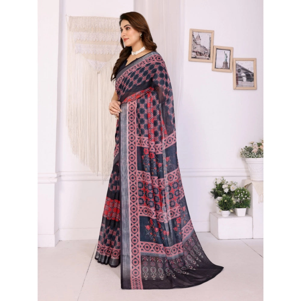 Generic Women's Linen Cotton  Printed Saree With Unstitched Blouse 5.5Mtr (Black)