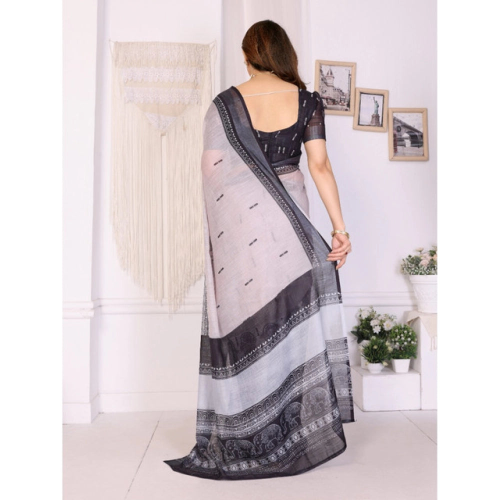 Generic Women's Linen Cotton  Printed Saree With Unstitched Blouse 5.5Mtr (White &amp; Black)