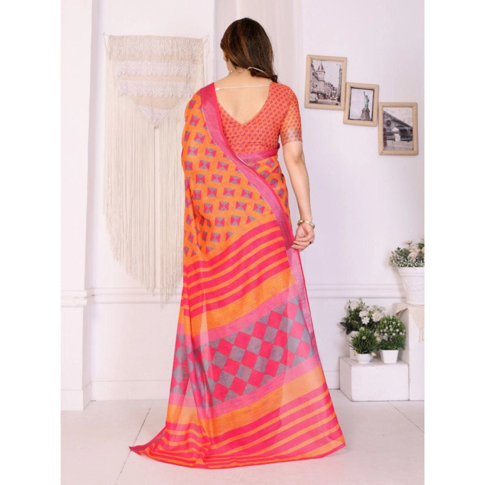Generic Women's Linen Cotton  Printed Saree With Unstitched Blouse 5.5Mtr (Orange )