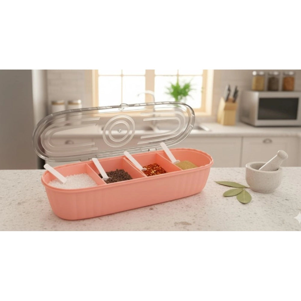 Generic Plastic 4 Grid Design Made In India Container with Spoon (Multicolor)