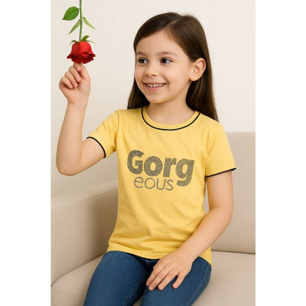 Generic Girl's Cotton Printeded Round Neck T-Shirt (Yellow)