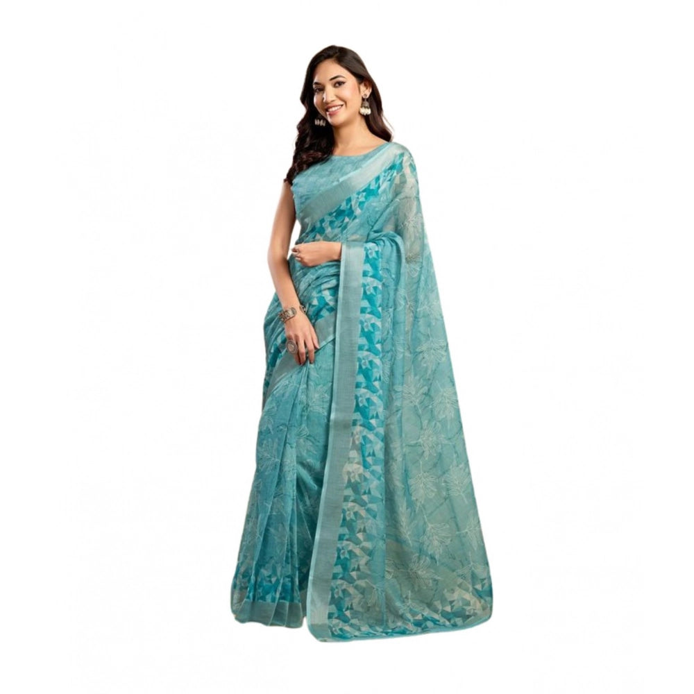 Generic Women's Faux_Linen Printed Ready-to-Wear Saree With Unstitched Blouse 5.5 Mtr (Aqua_Blue)