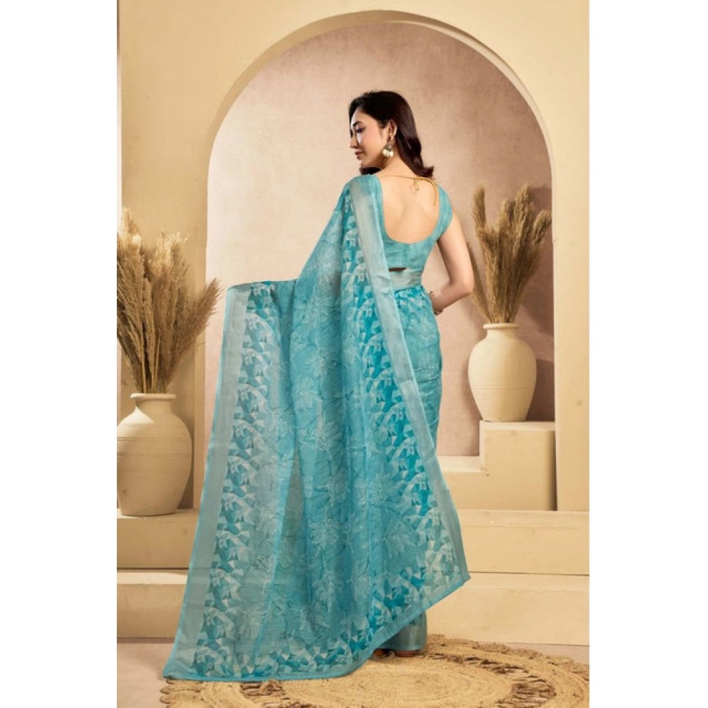 Generic Women's Faux_Linen Printed Ready-to-Wear Saree With Unstitched Blouse 5.5 Mtr (Aqua_Blue)
