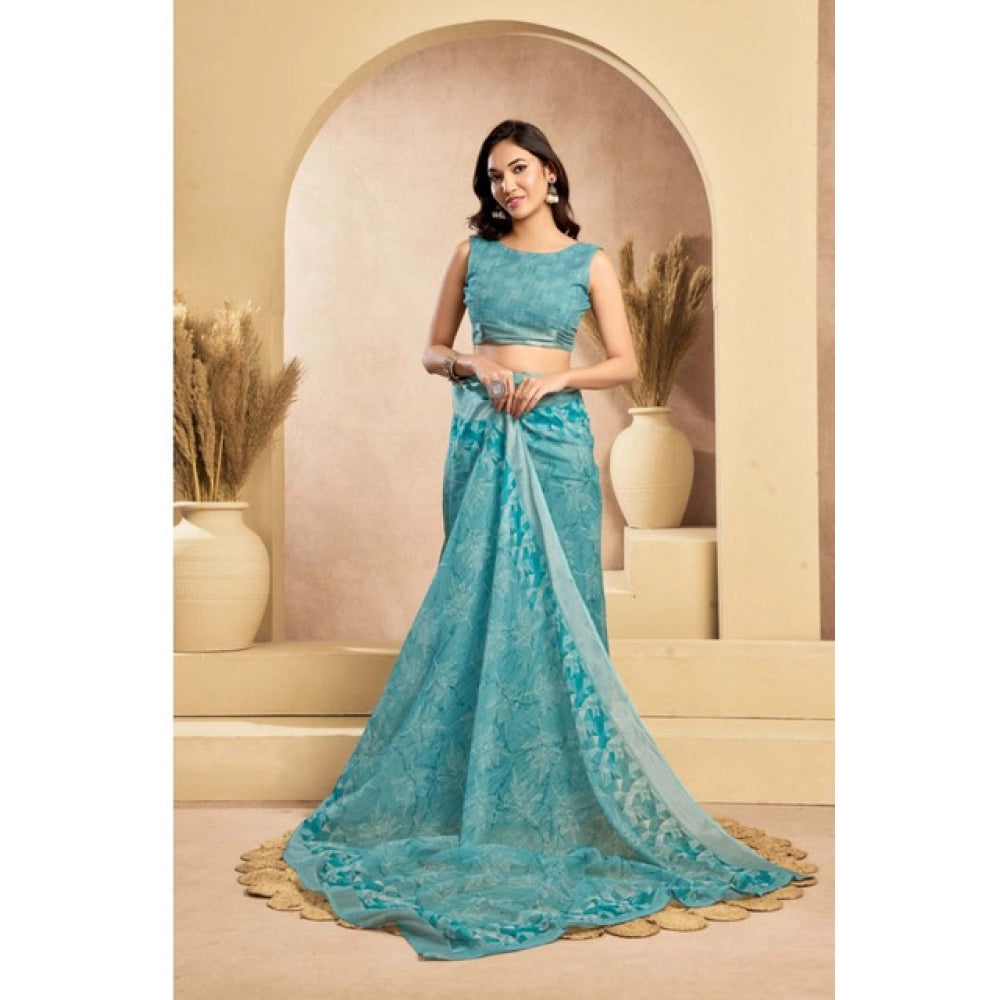 Generic Women's Faux_Linen Printed Ready-to-Wear Saree With Unstitched Blouse 5.5 Mtr (Aqua_Blue)