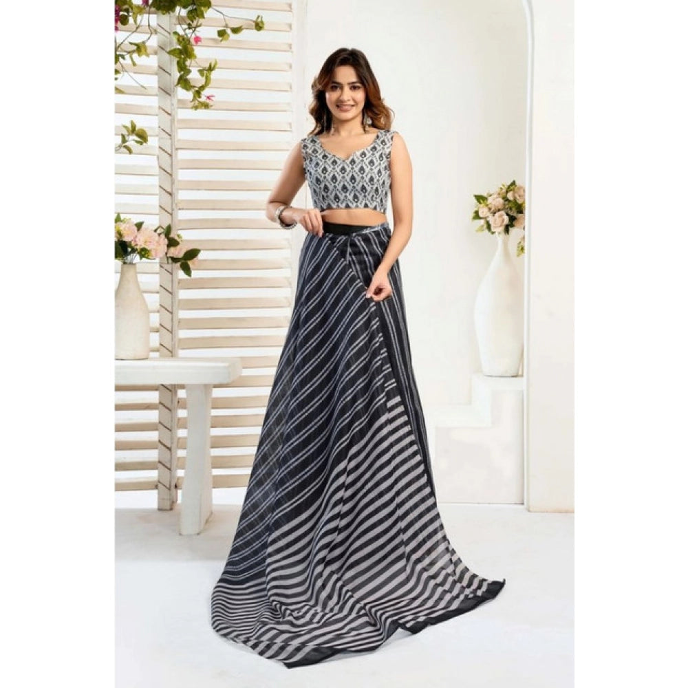 Generic Women's Faux_Linen Printed Ready-to-Wear Saree With Unstitched Blouse 5.5 Mtr (Black)