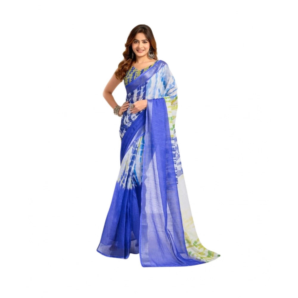 Generic Women's Faux_Linen Printed Ready-to-Wear Saree With Unstitched Blouse 5.5 Mtr (Blue)