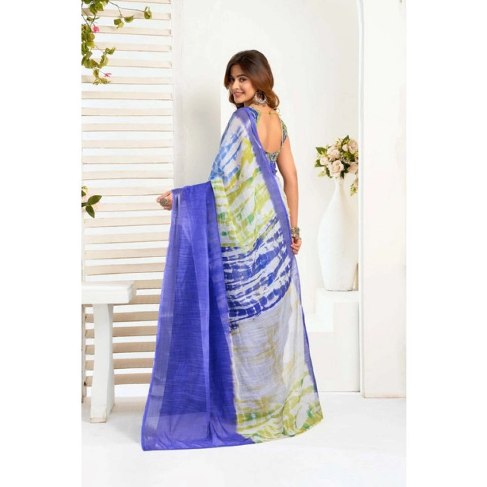 Generic Women's Faux_Linen Printed Ready-to-Wear Saree With Unstitched Blouse 5.5 Mtr (Blue)