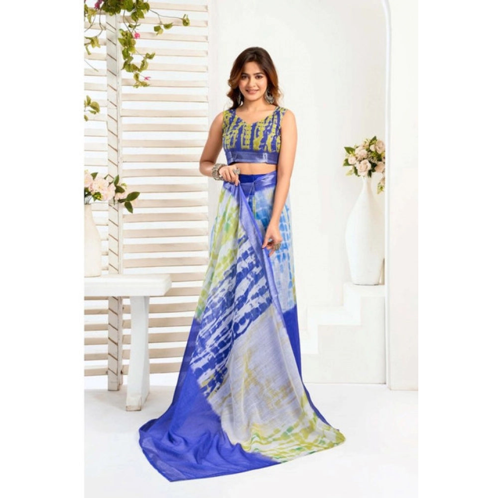 Generic Women's Faux_Linen Printed Ready-to-Wear Saree With Unstitched Blouse 5.5 Mtr (Blue)