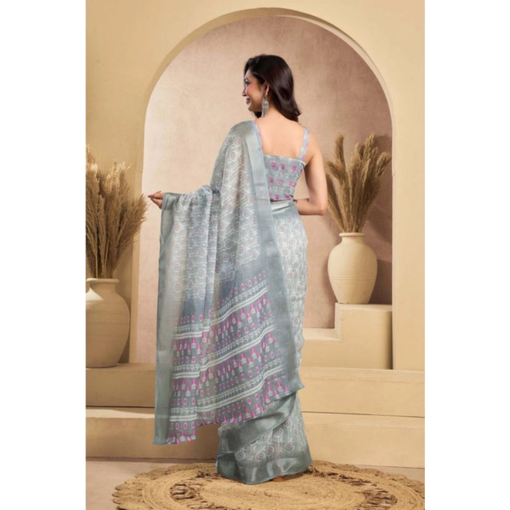 Generic Women's Faux_Linen Printed Ready-to-Wear Saree With Unstitched Blouse 5.5 Mtr (Grey)
