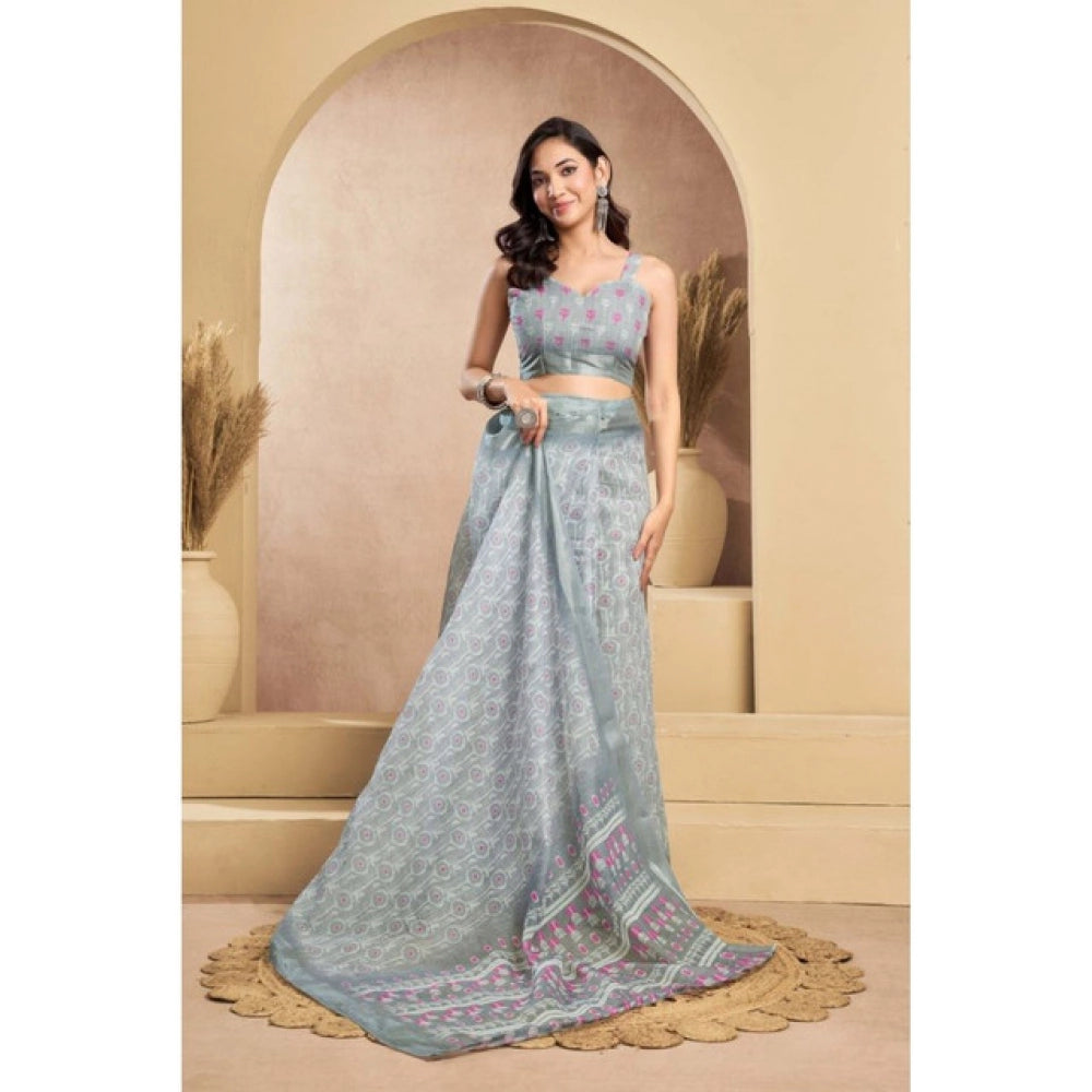 Generic Women's Faux_Linen Printed Ready-to-Wear Saree With Unstitched Blouse 5.5 Mtr (Grey)