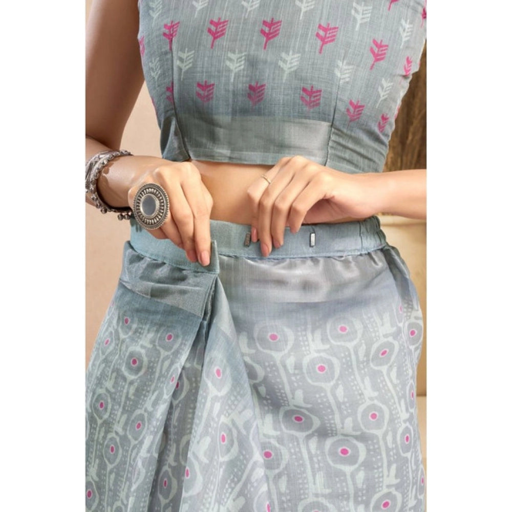 Generic Women's Faux_Linen Printed Ready-to-Wear Saree With Unstitched Blouse 5.5 Mtr (Grey)